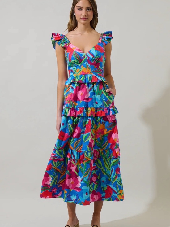 Sugarlips Dresses & Skirts - Sugarlips Blue Multicolor Floral Ruffle Midi Dress